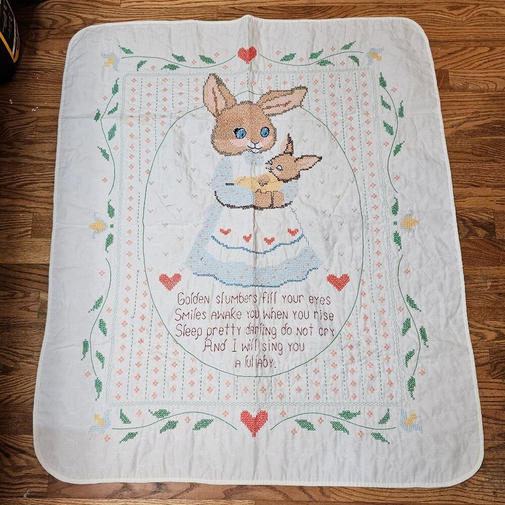 Hand Stitched Made Folk Art Baby Blanket Decor Heart Bunny Embroidered Quilt